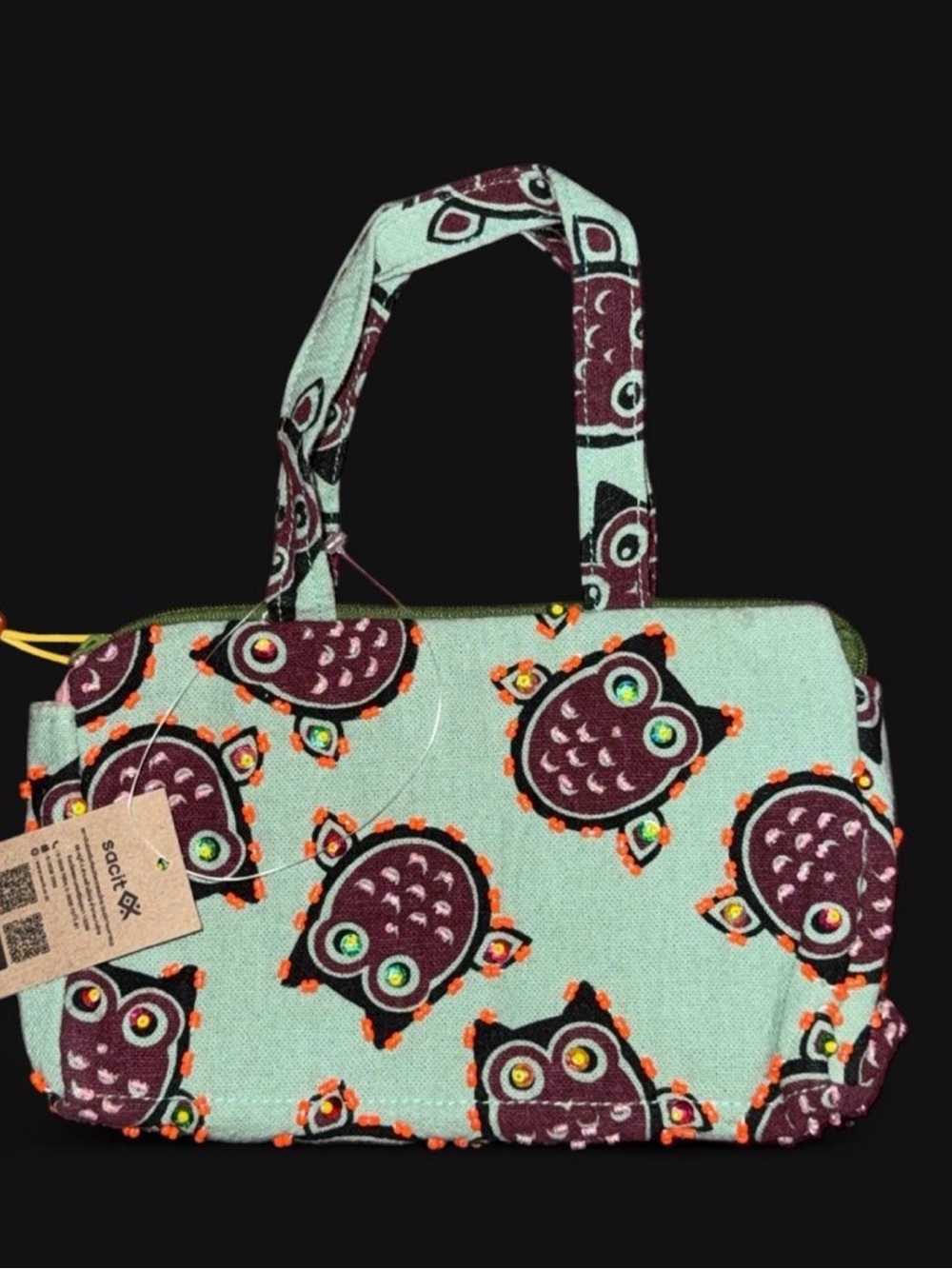 Mint Owl-Print Canvas phone Tote Bag